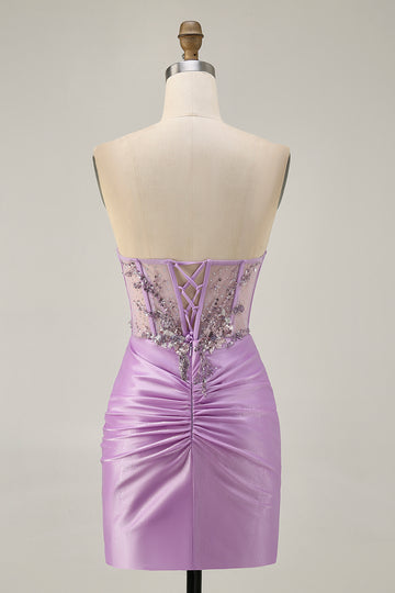 Sparkly Lilac Bodycon Strapless Short Homecoming Dress with Lace Up Back